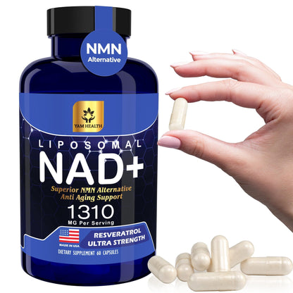 YAM Health Liposomal NAD Nicotinamide Riboside Equivalent with Trans-Resveratrol 300mg, Premium Halal NAD Supplement for Energy Metabolism, DNA Repair and Longevity, Vegan, Non-GMO (60 Count) - Maple Wellness Supplements