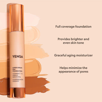YENSA Serum Foundation Makeup - Super Silk Full Coverage Foundation Enriched with Peptides, Vitamin C & Ferulic Acid to Help Reduce Fine Lines, Wrinkles & Dark Circles - Light 1 (1 oz) - Maple Wellness Supplements