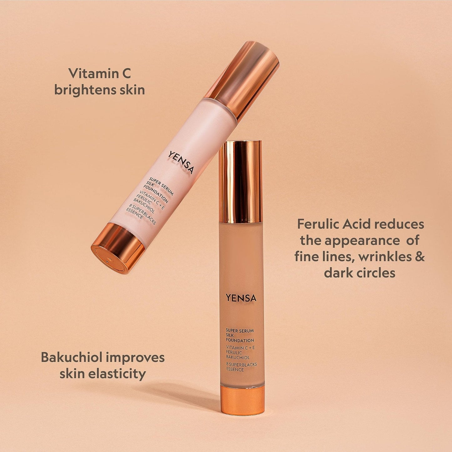 YENSA Serum Foundation Makeup - Super Silk Full Coverage Foundation Enriched with Peptides, Vitamin C & Ferulic Acid to Help Reduce Fine Lines, Wrinkles & Dark Circles - Light 1 (1 oz) - Maple Wellness Supplements