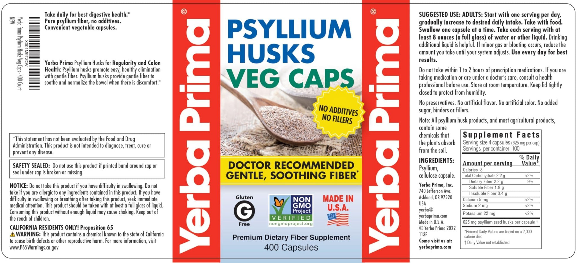 Yerba Prima Psyllium Husks Veg Caps, 400 Capsules (625mg) - Vegan, Non-GMO, Gluten Free, Colon Cleanser - Maple Wellness Supplements