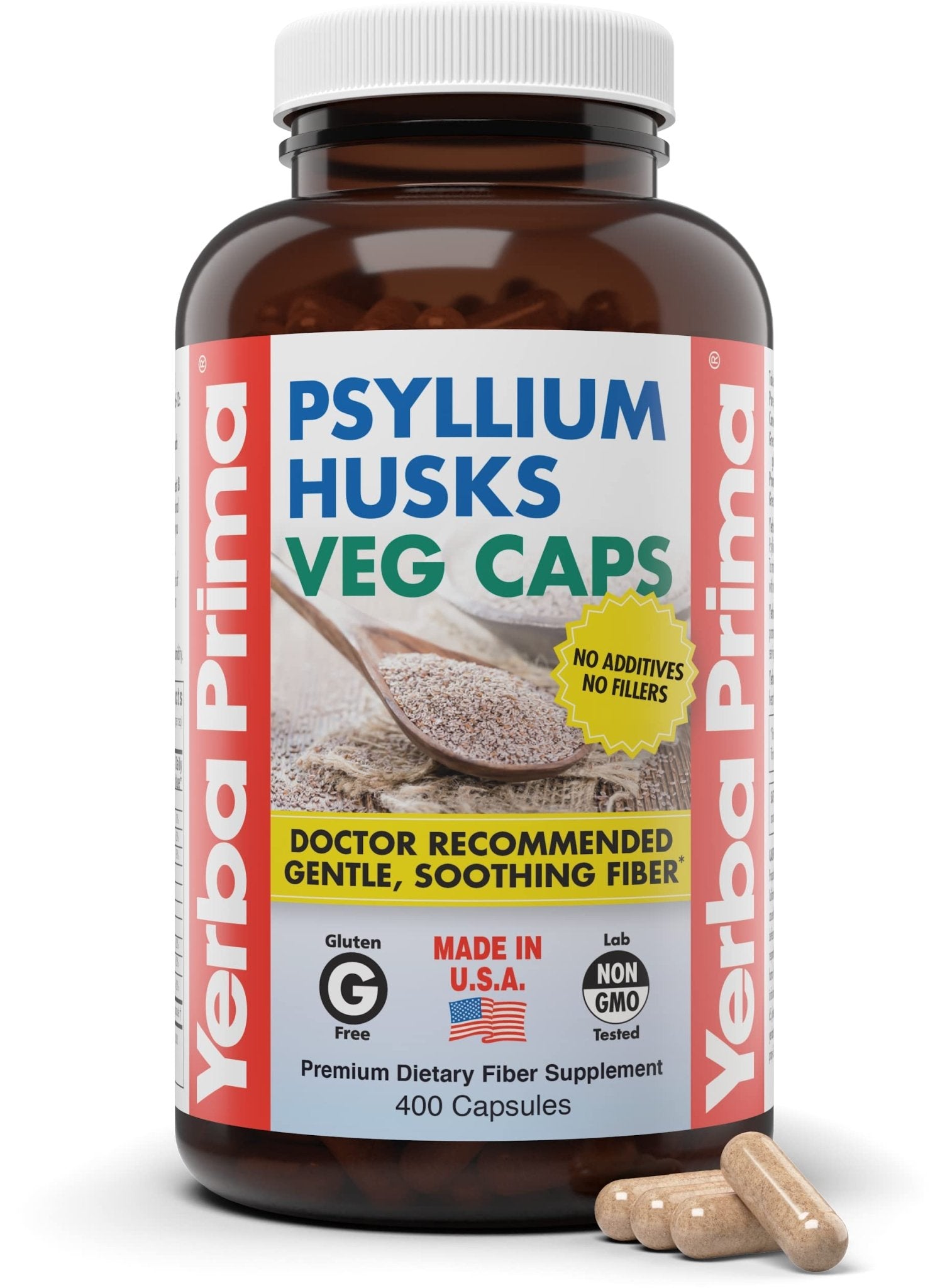 Yerba Prima Psyllium Husks Veg Caps, 400 Capsules (625mg) - Vegan, Non-GMO, Gluten Free, Colon Cleanser - Maple Wellness Supplements