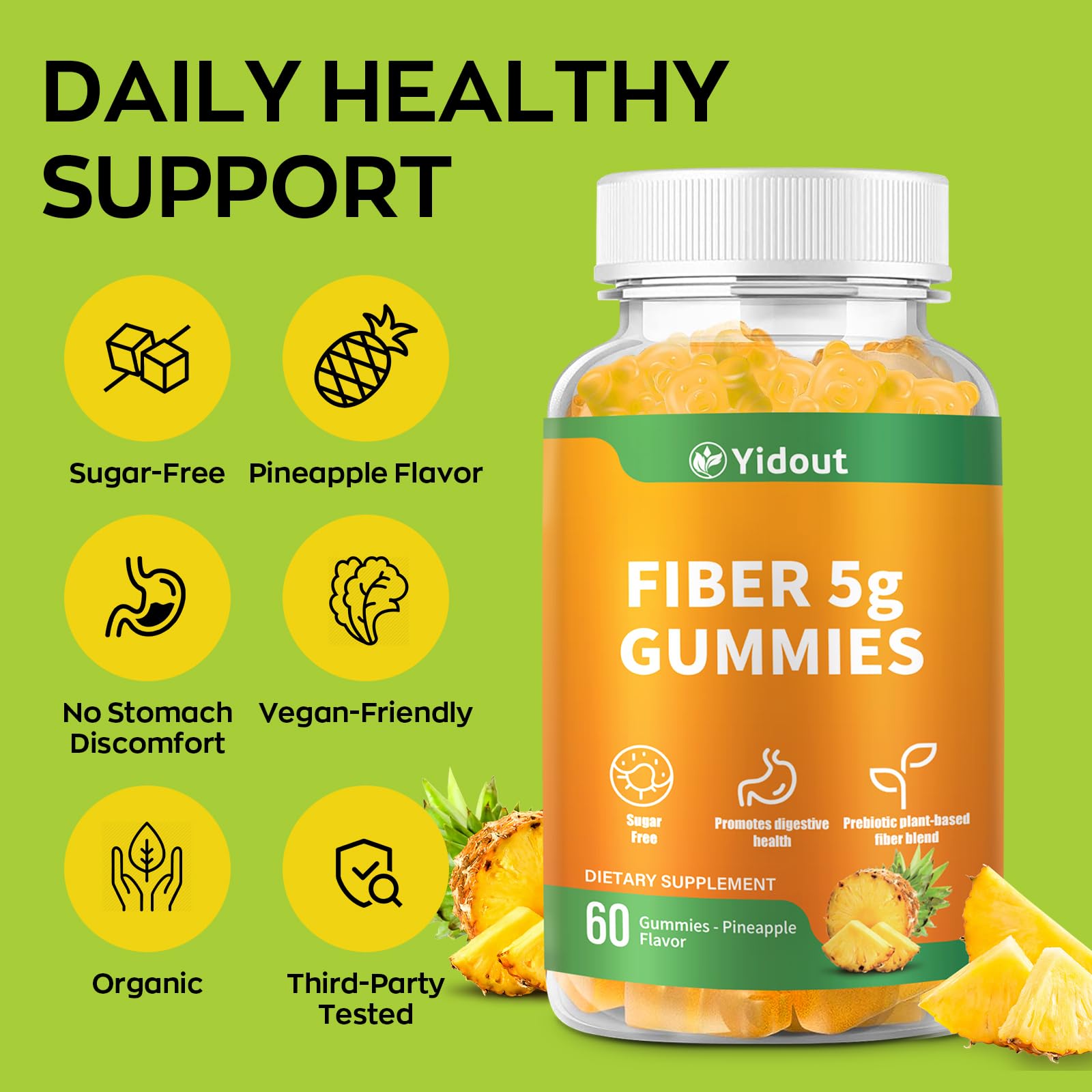 Yidout Fiber Gummies for Adults with Probiotics，No Sugar Added Pineapple Flavor, Promotes Gut Health and Regulate Bowel Movement, Vegan (60 Count（Pack of 1）) - Maple Wellness Supplements