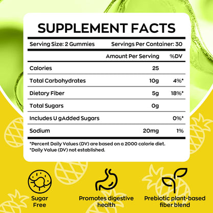 Yidout Fiber Gummies for Adults with Probiotics，No Sugar Added Pineapple Flavor, Promotes Gut Health and Regulate Bowel Movement, Vegan (60 Count（Pack of 1）) - Maple Wellness Supplements