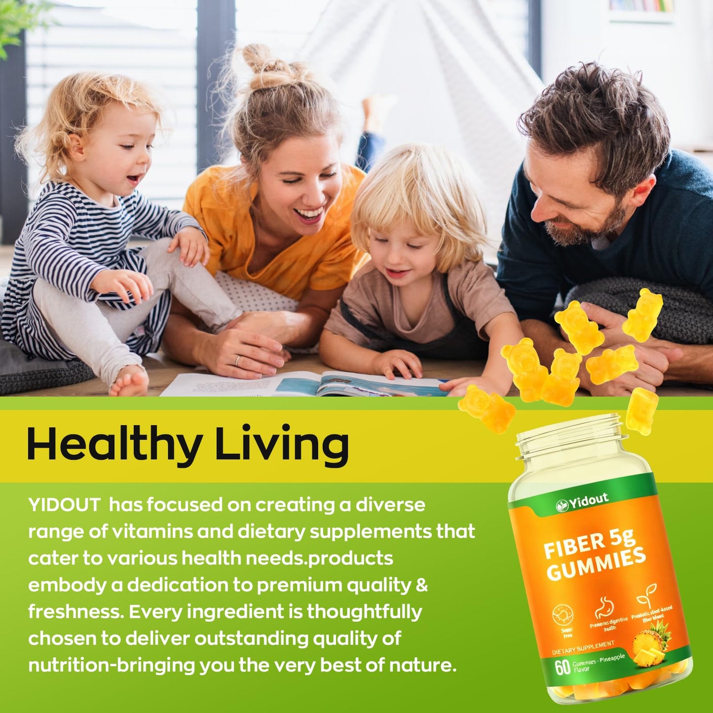Yidout Fiber Gummies for Adults with Probiotics，No Sugar Added Pineapple Flavor, Promotes Gut Health and Regulate Bowel Movement, Vegan (60 Count（Pack of 1）) - Maple Wellness Supplements