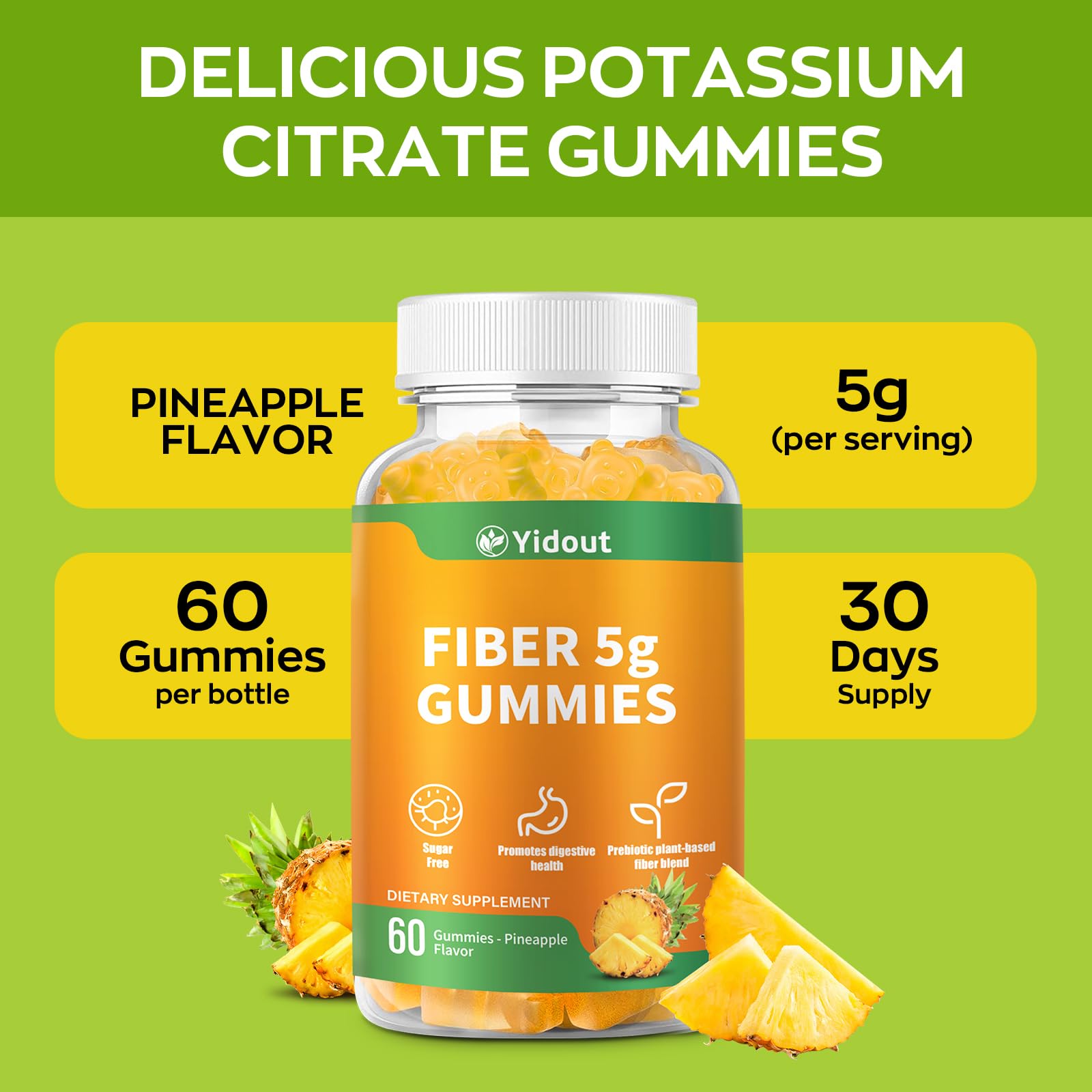 Yidout Fiber Gummies for Adults with Probiotics，No Sugar Added Pineapple Flavor, Promotes Gut Health and Regulate Bowel Movement, Vegan (60 Count（Pack of 1）) - Maple Wellness Supplements