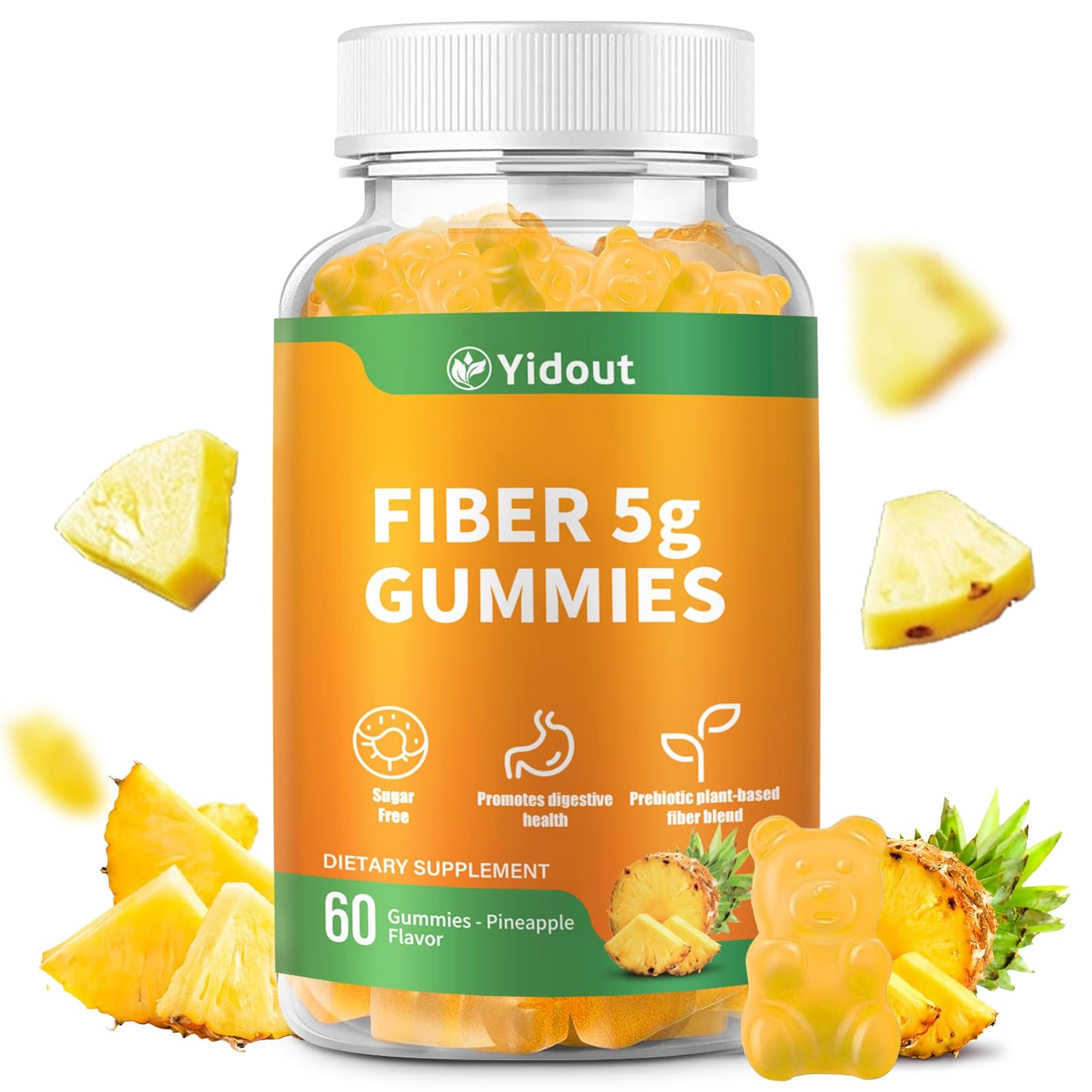 Yidout Fiber Gummies for Adults with Probiotics，No Sugar Added Pineapple Flavor, Promotes Gut Health and Regulate Bowel Movement, Vegan (60 Count（Pack of 1）) - Maple Wellness Supplements