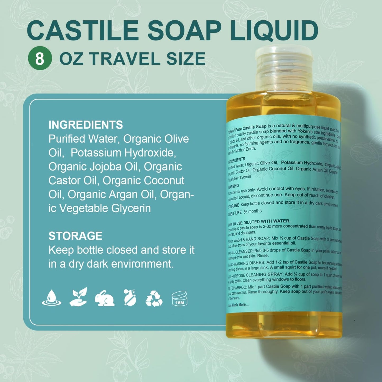 Yoken Pure Castile Liquid Soap Organic (EWG Verified, Unscented, 8 OZ), Made with Organic Oils, No Added Fragrance, Vegan, Castile Soap Liquid for Face - Maple Wellness Supplements