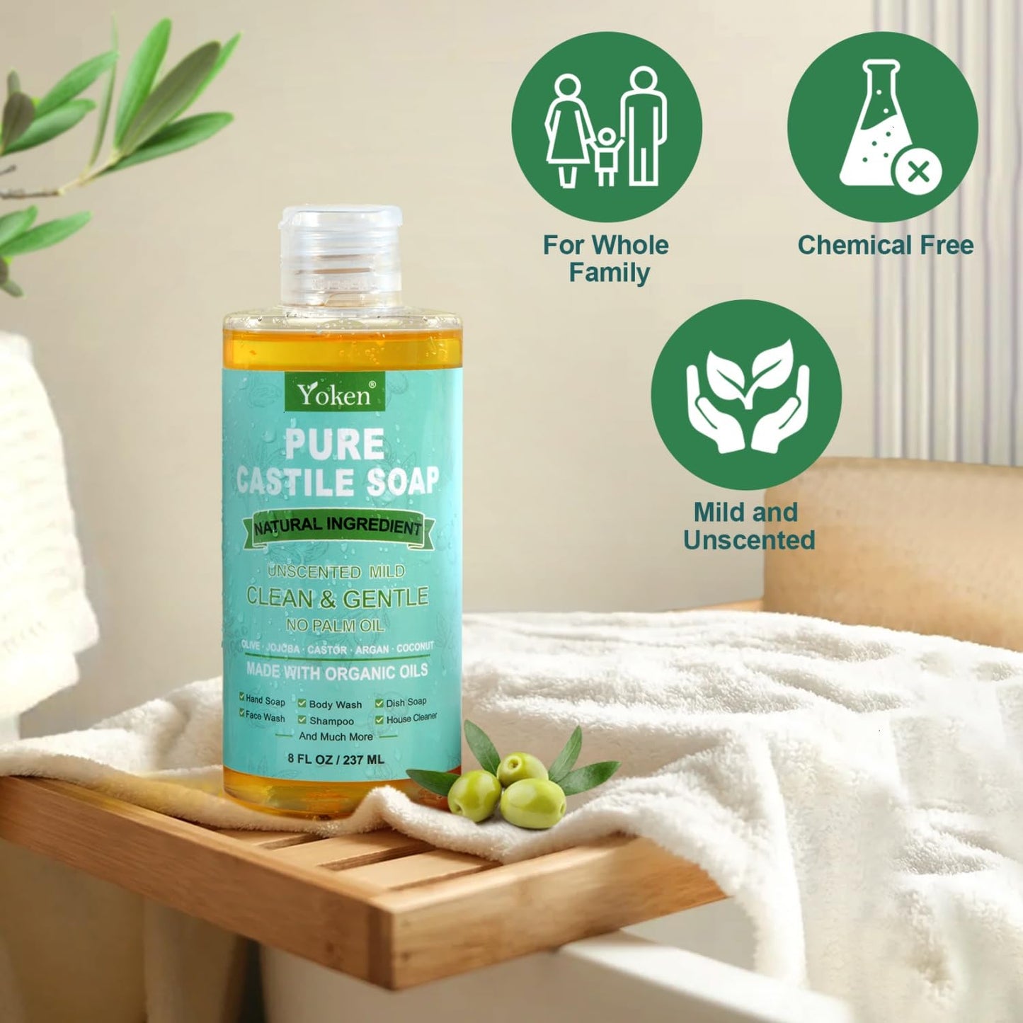 Yoken Pure Castile Liquid Soap Organic (EWG Verified, Unscented, 8 OZ), Made with Organic Oils, No Added Fragrance, Vegan, Castile Soap Liquid for Face - Maple Wellness Supplements