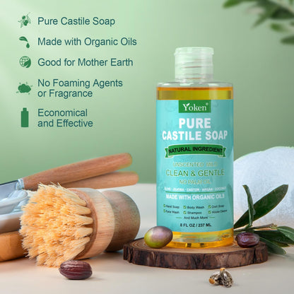 Yoken Pure Castile Liquid Soap Organic (EWG Verified, Unscented, 8 OZ), Made with Organic Oils, No Added Fragrance, Vegan, Castile Soap Liquid for Face - Maple Wellness Supplements
