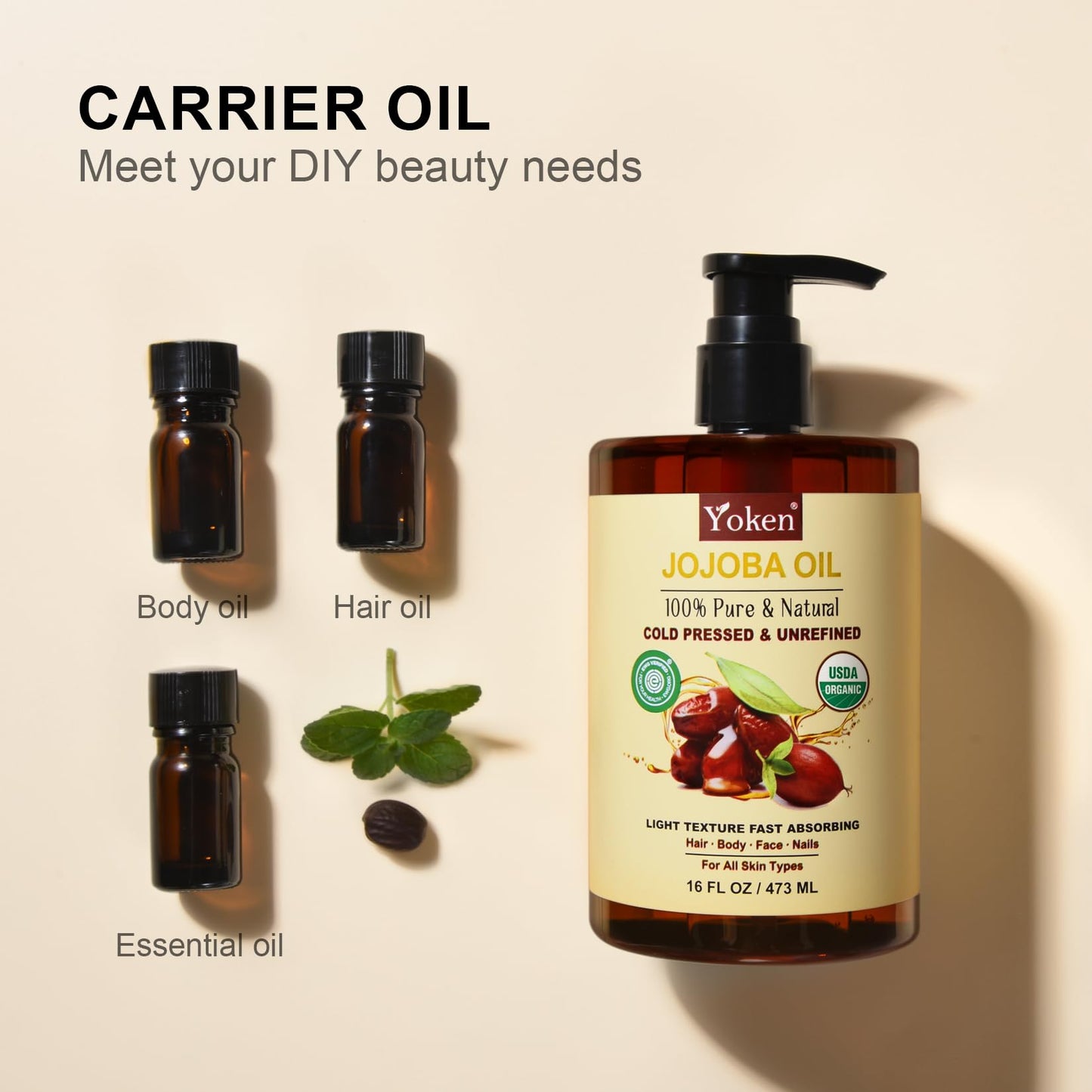 Yoken Pure Jojoba Oil Organic USDA Certified 16 fl oz, 100% Natural Jojoba Oil for Hair - Maple Wellness Supplements