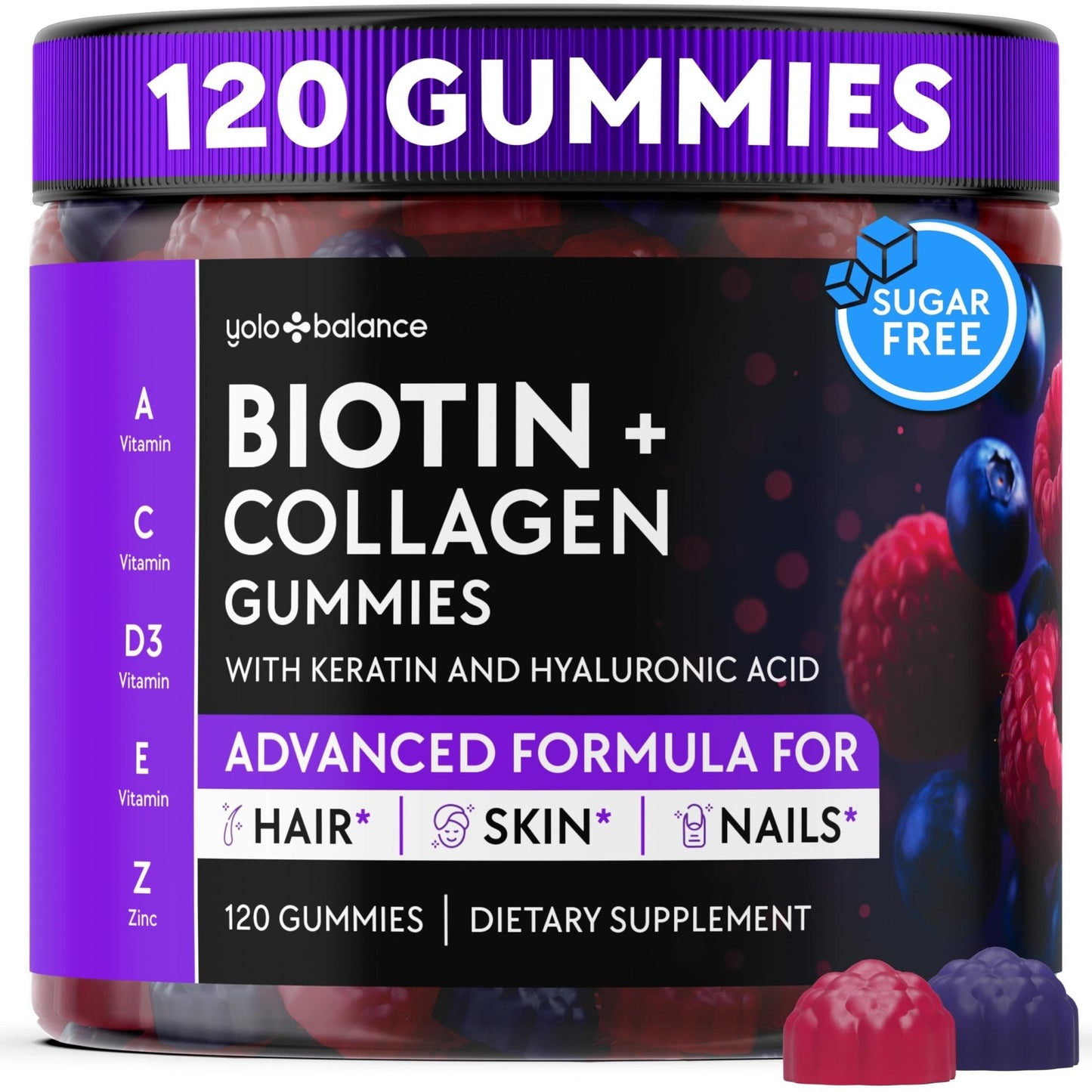 YOLOBALANCE Biotin Gummies 10000mcg for Hair Growth Support - Sugar Free Multi Collagen with Keratin, Silica & Hyaluronic Acid - Pectin Based, - Maple Wellness Supplements