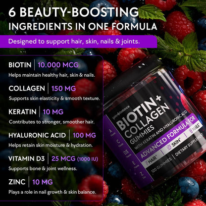 YOLOBALANCE Biotin Gummies 10000mcg for Hair Growth Support - Sugar Free Multi Collagen with Keratin, Silica & Hyaluronic Acid - Pectin Based, - Maple Wellness Supplements