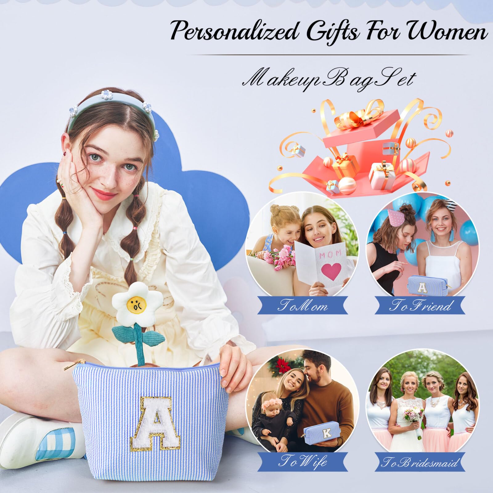 YOOLIFE Birthday Gifts for Teen Girls Kids Initial Makeup Bag | Teen Girl Gift Trendy Stuff | Travel Makeup Bag Toiletry Bags | Gifts for 3 4 5 6 7 8 9 10 11 12 13 Year Old Girl Blue K - Maple Wellness Supplements
