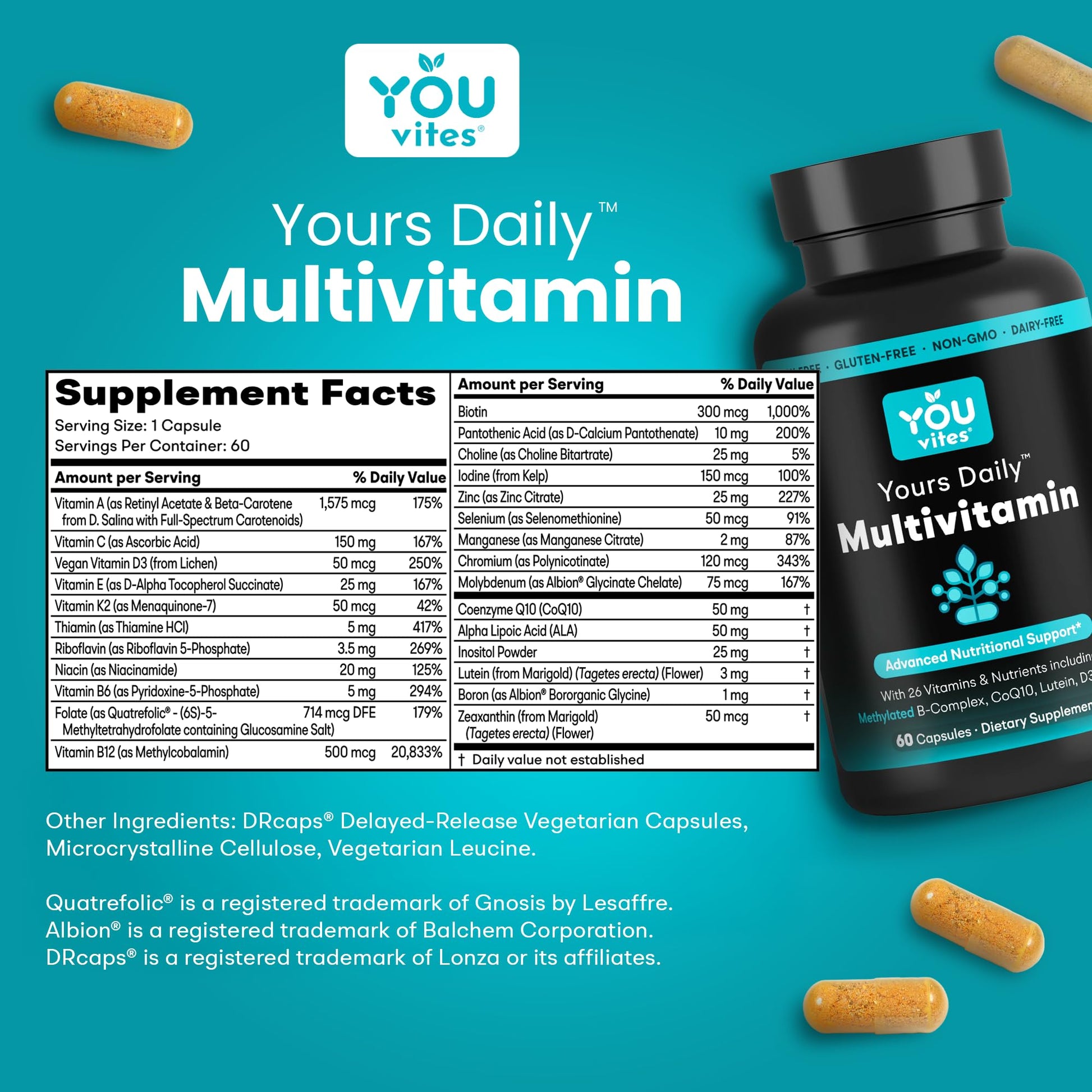You Vites - Methylated Multivitamin for Men and Women, Methyl Multi Without Iron - 60 Capsules, MTHFR Supplement with Methyl B12, Methylfolate (5-MTHF), CoQ10 for Energy, Heart and Mood Support - Maple Wellness Supplements