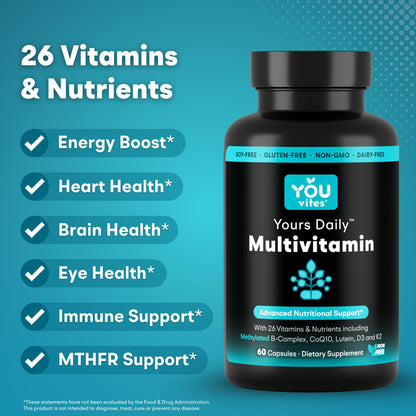 You Vites - Methylated Multivitamin for Men and Women, Methyl Multi Without Iron - 60 Capsules, MTHFR Supplement with Methyl B12, Methylfolate (5-MTHF), CoQ10 for Energy, Heart and Mood Support - Maple Wellness Supplements