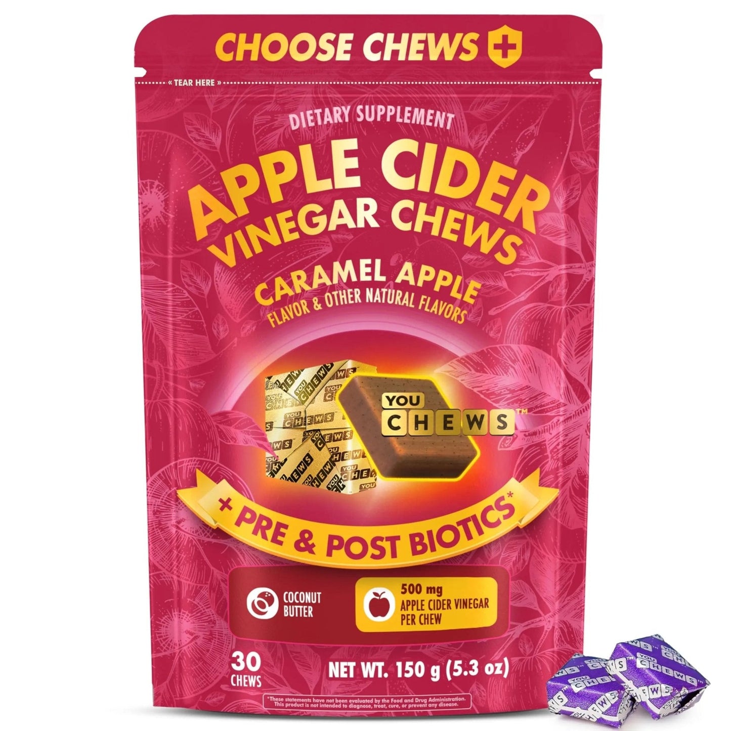 YouChews Apple Cider Vinegar Chews Better Than Apple Cider Gummies - Bloating Relief for Women and Men, 500mg Organic ACV with Prebiotics & Postbiotics, Low Sugar, Caramel Flavor, 30 Count - Maple Wellness Supplements