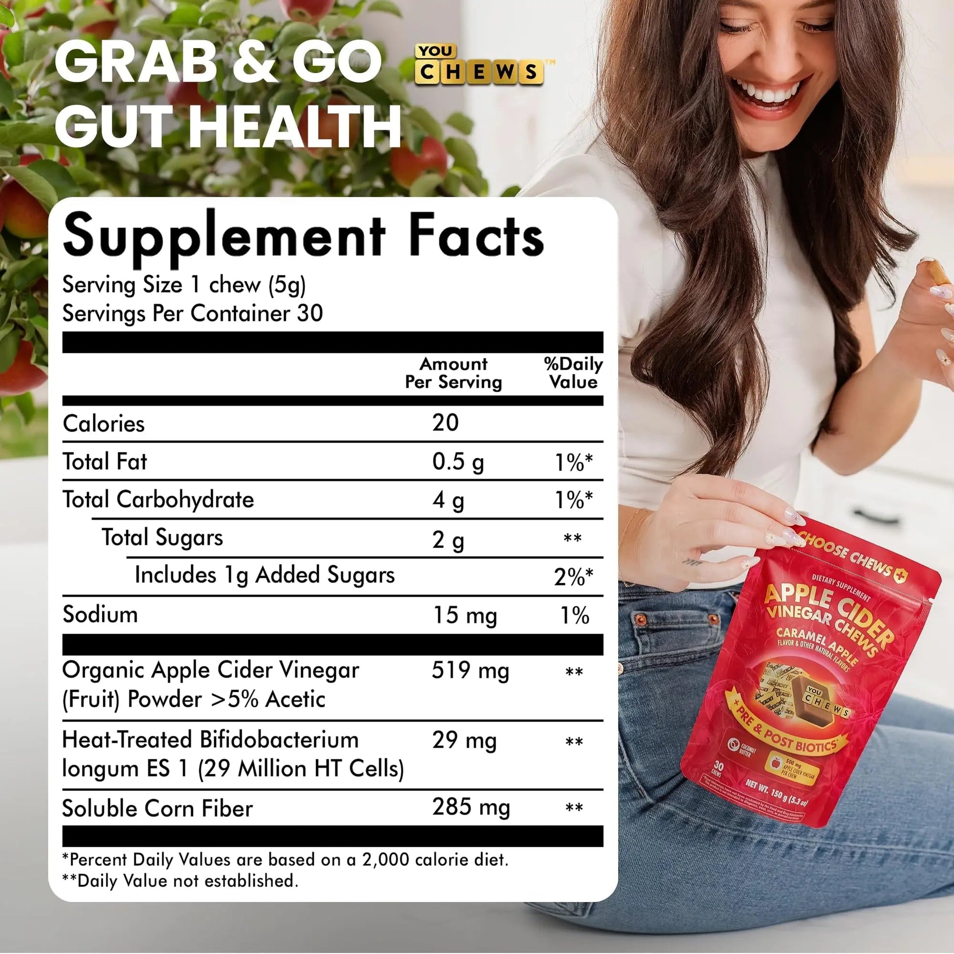 YouChews Apple Cider Vinegar Chews Better Than Apple Cider Gummies - Bloating Relief for Women and Men, 500mg Organic ACV with Prebiotics & Postbiotics, Low Sugar, Caramel Flavor, 30 Count - Maple Wellness Supplements