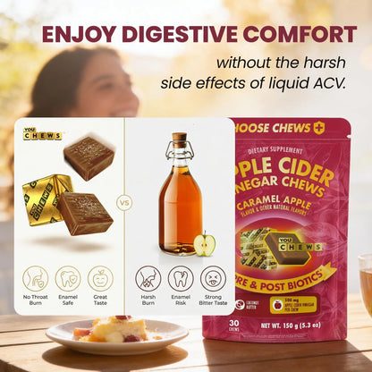 YouChews Apple Cider Vinegar Chews Better Than Apple Cider Gummies - Bloating Relief for Women and Men, 500mg Organic ACV with Prebiotics & Postbiotics, Low Sugar, Caramel Flavor, 30 Count - Maple Wellness Supplements