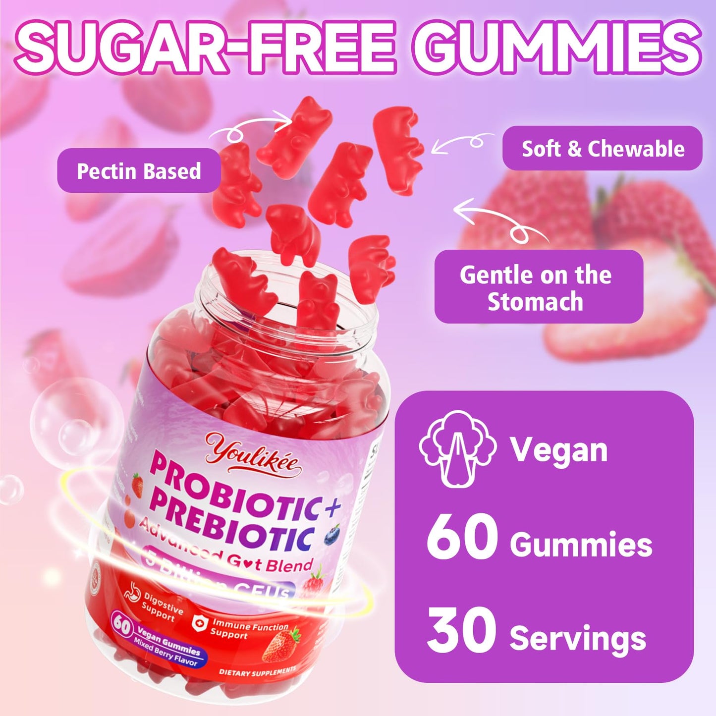 Youlikee 2 Pack Prebiotic + Probiotic Gummies for Women and Men, Probiotic Gummies Supports Gut Health, 5 Billion CFUs with Fibers, - Maple Wellness Supplements