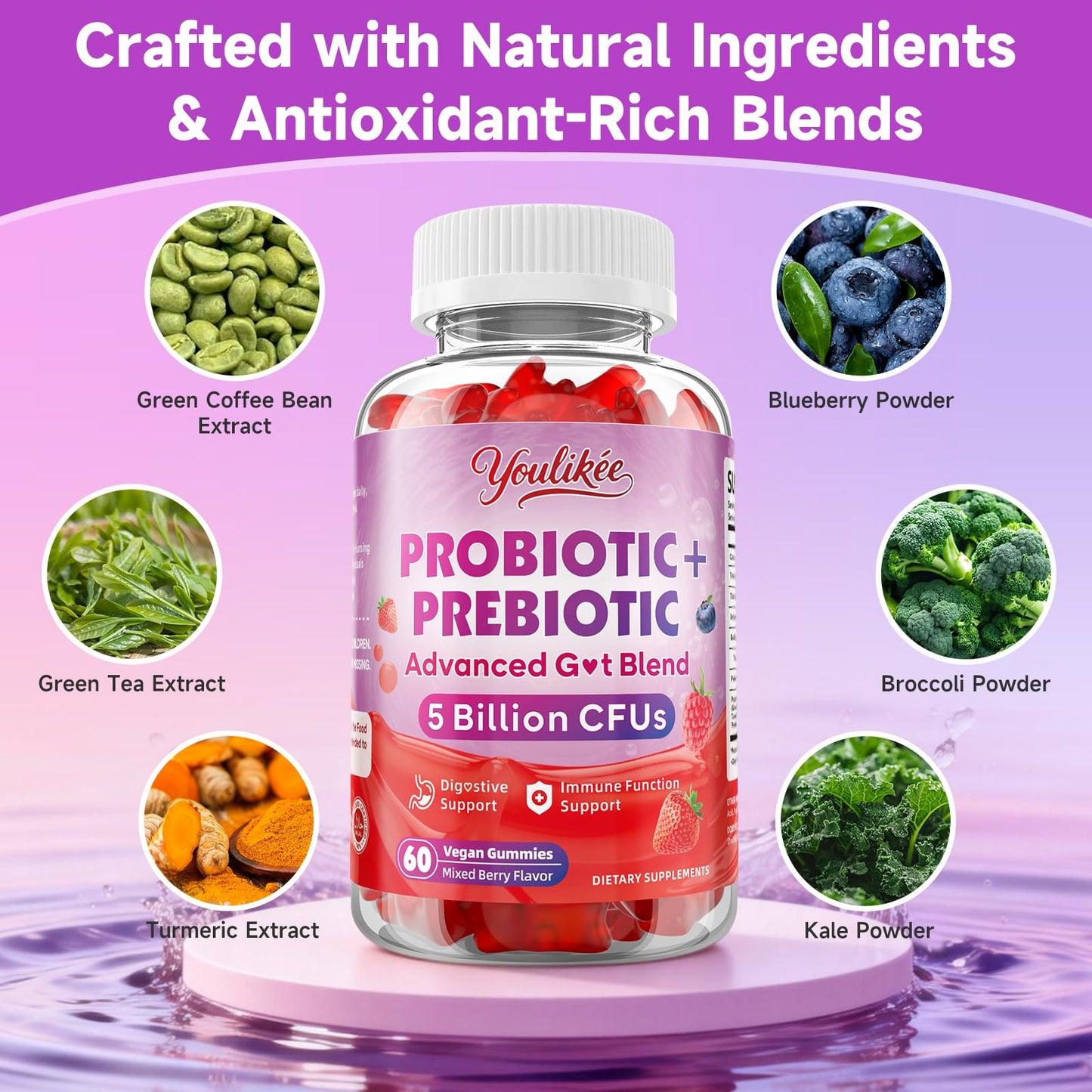 Youlikee 2 Pack Prebiotic + Probiotic Gummies for Women and Men, Probiotic Gummies Supports Gut Health, 5 Billion CFUs with Fibers, - Maple Wellness Supplements