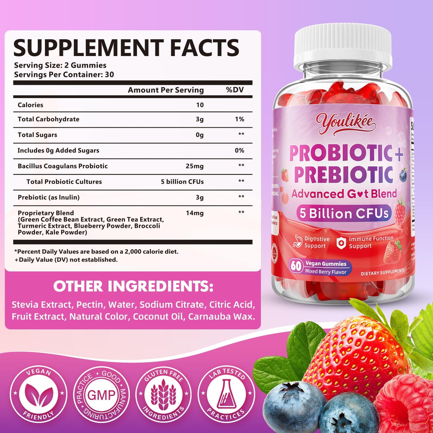 Youlikee 2 Pack Prebiotic + Probiotic Gummies for Women and Men, Probiotic Gummies Supports Gut Health, 5 Billion CFUs with Fibers, - Maple Wellness Supplements