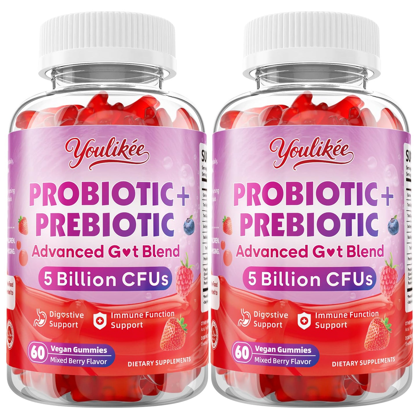Youlikee 2 Pack Prebiotic + Probiotic Gummies for Women and Men, Probiotic Gummies Supports Gut Health, 5 Billion CFUs with Fibers, - Maple Wellness Supplements