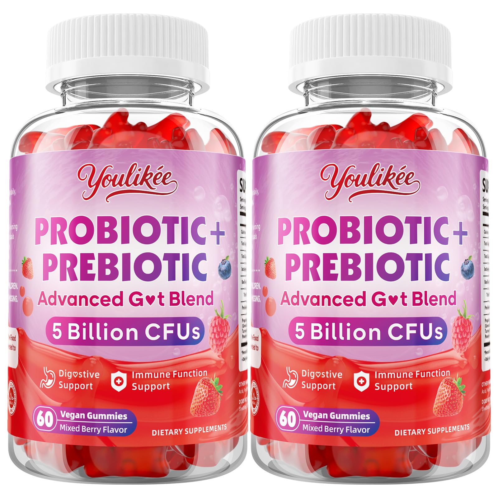 Youlikee 2 Pack Prebiotic + Probiotic Gummies for Women and Men, Probiotic Gummies Supports Gut Health, 5 Billion CFUs with Fibers, - Maple Wellness Supplements