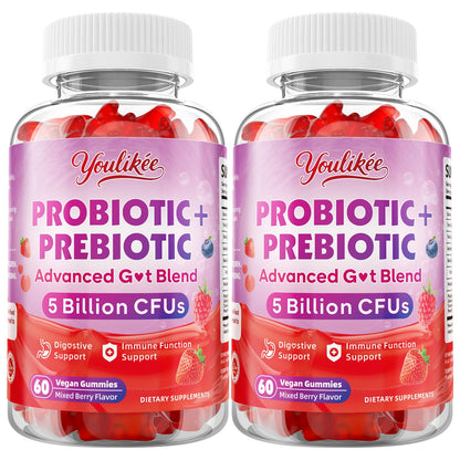 Youlikee 2 Pack Prebiotic + Probiotic Gummies for Women and Men, Probiotic Gummies Supports Gut Health, 5 Billion CFUs with Fibers, - Maple Wellness Supplements