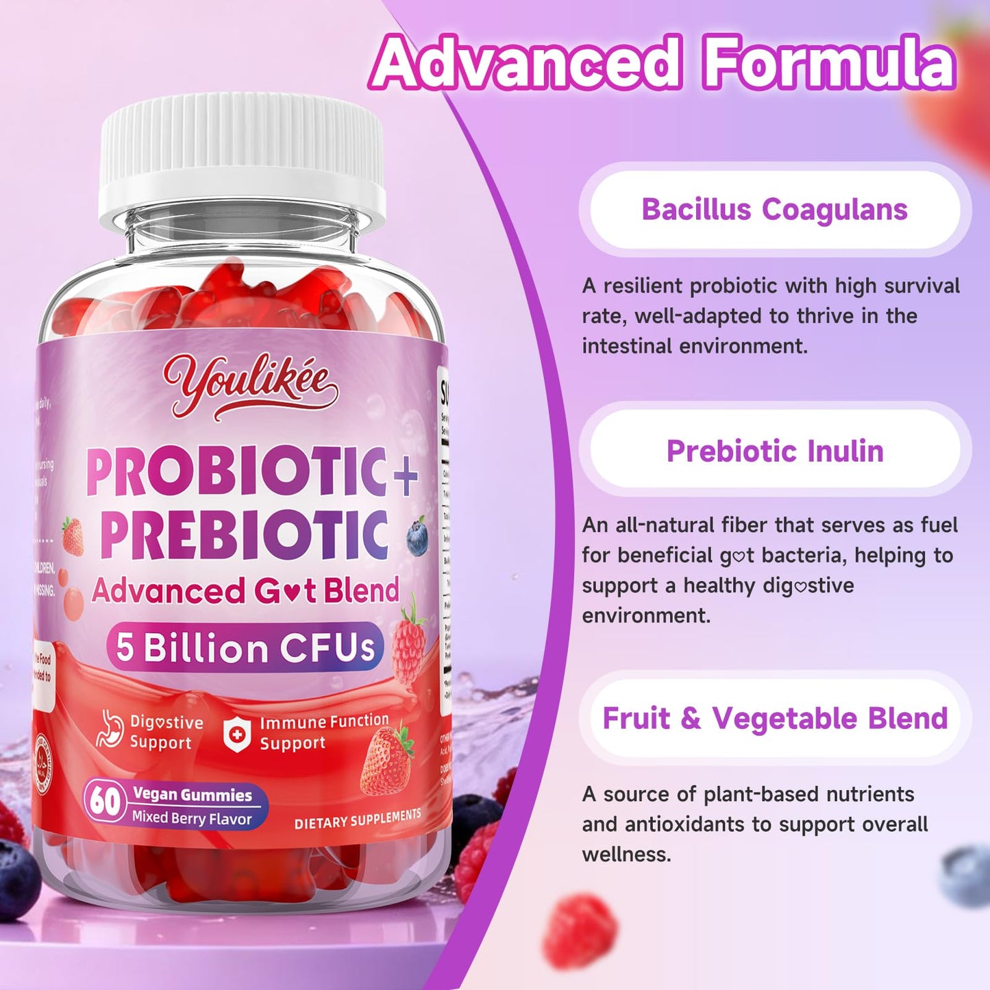 Youlikee 2 Pack Prebiotic + Probiotic Gummies for Women and Men, Probiotic Gummies Supports Gut Health, 5 Billion CFUs with Fibers, - Maple Wellness Supplements