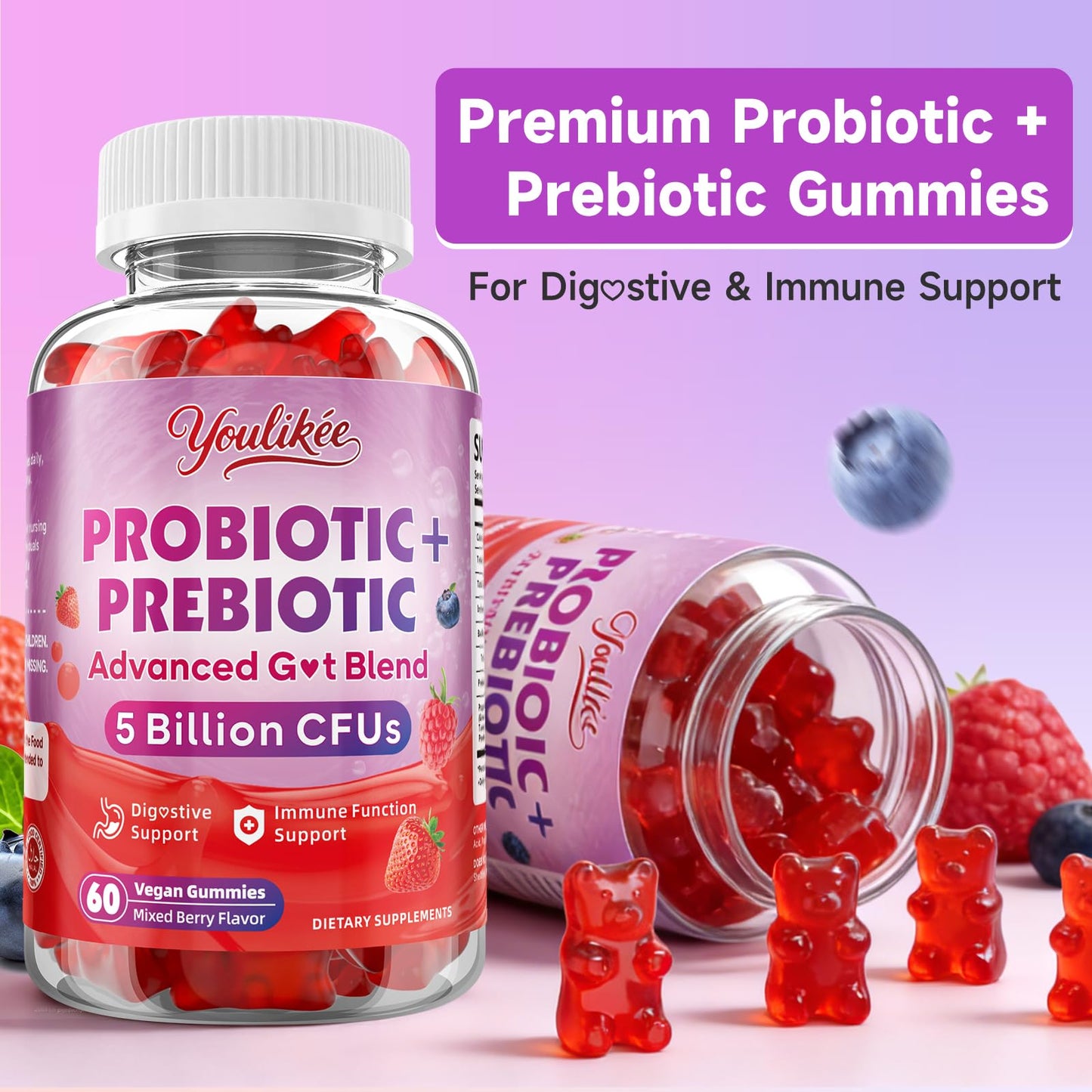 Youlikee 2 Pack Prebiotic + Probiotic Gummies for Women and Men, Probiotic Gummies Supports Gut Health, 5 Billion CFUs with Fibers, - Maple Wellness Supplements