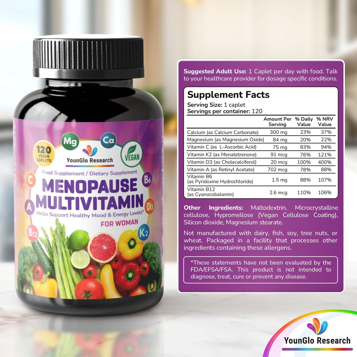 YounGlo Research Menopause Supplement - 120 Vegan Caplets - Menopause & Perimenopause Relief Support - Food and Dietary Vitamins - Multivitamin for Women - Maple Wellness Supplements
