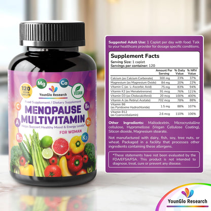 YounGlo Research Menopause Supplement - 120 Vegan Caplets - Menopause & Perimenopause Relief Support - Food and Dietary Vitamins - Multivitamin for Women - Maple Wellness Supplements