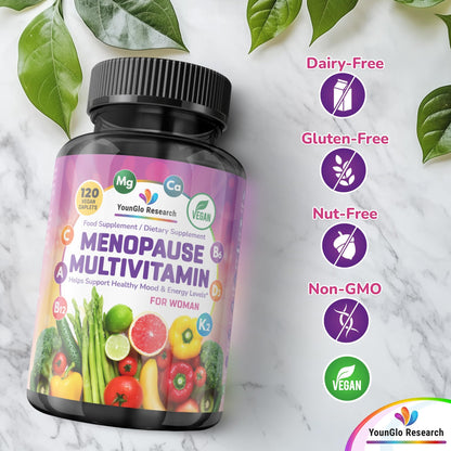 YounGlo Research Menopause Supplement - 120 Vegan Caplets - Menopause & Perimenopause Relief Support - Food and Dietary Vitamins - Multivitamin for Women - Maple Wellness Supplements