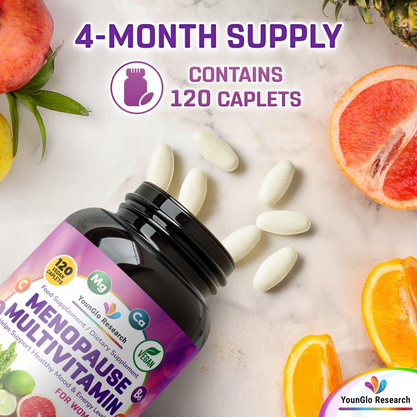 YounGlo Research Menopause Supplement - 120 Vegan Caplets - Menopause & Perimenopause Relief Support - Food and Dietary Vitamins - Multivitamin for Women - Maple Wellness Supplements