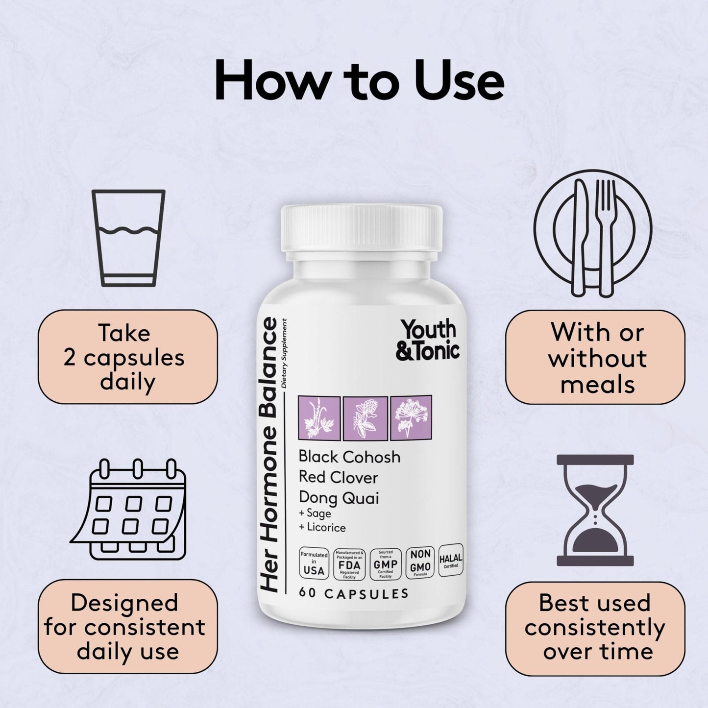 Youth & Tonic Her Hormone Balance – Menopause Supplement for Women, Perimenopause Support, Non-Hormonal Herbal Formula with Black Cohosh for Hot Flashes & Night Sweats, 60 Capsules - Maple Wellness Supplements
