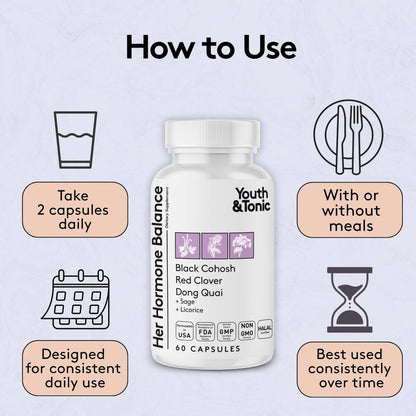 Youth & Tonic Her Hormone Balance – Menopause Supplement for Women, Perimenopause Support, Non-Hormonal Herbal Formula with Black Cohosh for Hot Flashes & Night Sweats, 60 Capsules - Maple Wellness Supplements