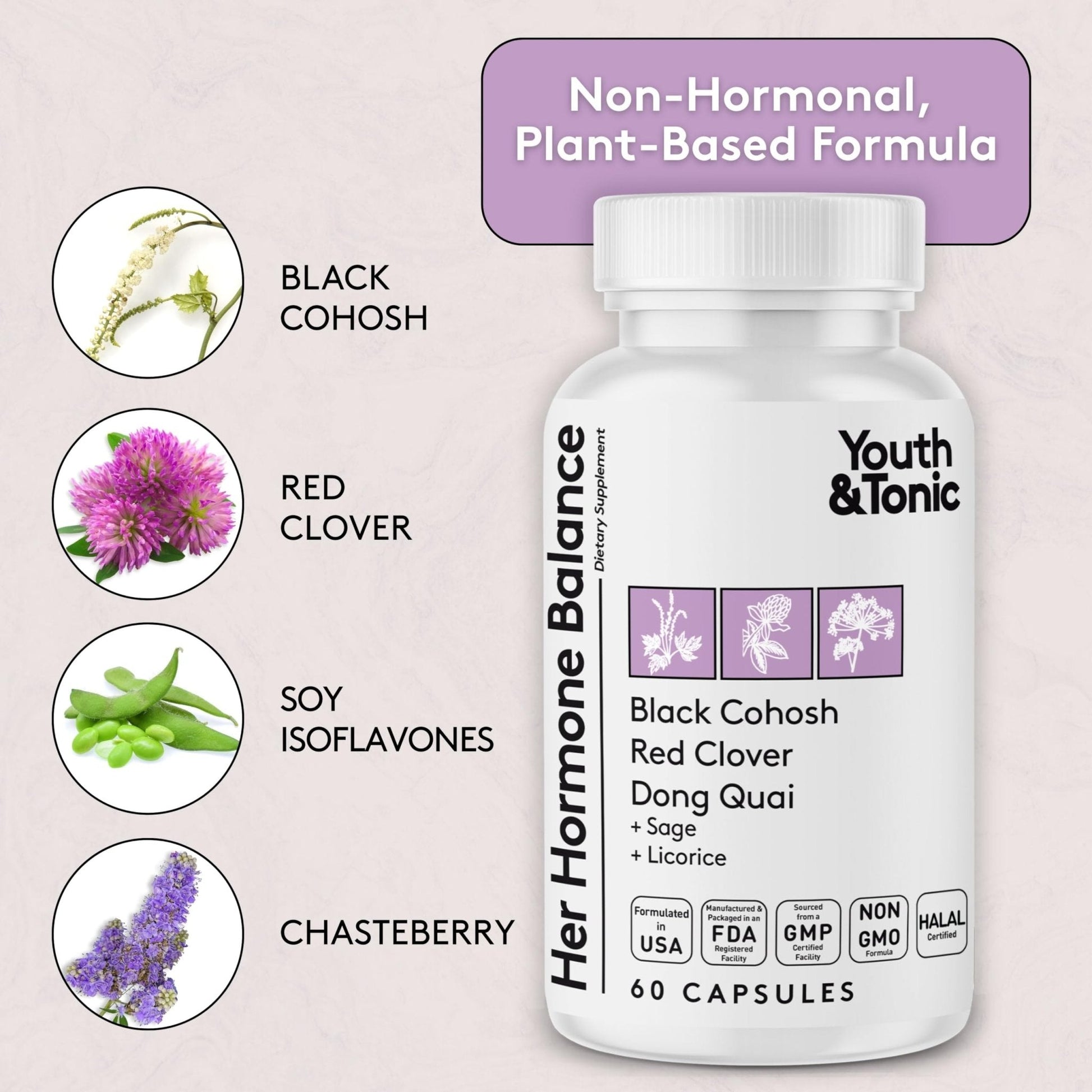 Youth & Tonic Her Hormone Balance – Menopause Supplement for Women, Perimenopause Support, Non-Hormonal Herbal Formula with Black Cohosh for Hot Flashes & Night Sweats, 60 Capsules - Maple Wellness Supplements