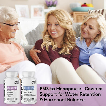 Youth & Tonic PMS & Menopause Bloating Relief Duo – Support for Puffiness, Hormonal Balance & Fluid Retention – Her Hormone Balance + Water Weight Away Natural Herbs for Women, 90 Capsules - Maple Wellness Supplements