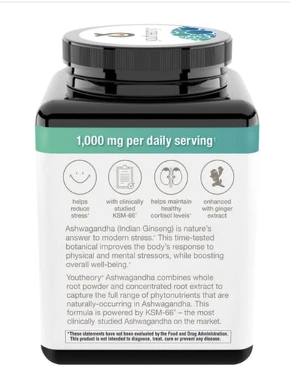 Youtheory Ashwagandha 1000mg with KSM-66 - Helps Support a Healthy Stress Response,180 Capsules (Pack of 1) - Maple Wellness Supplements