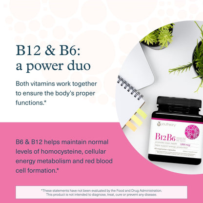 Youtheory B12B6 - Vitamin B12 & B6 - Supports Mood, Nervous System & Metabolism* - Aids Memory & Stress Management* - Maple Wellness Supplements