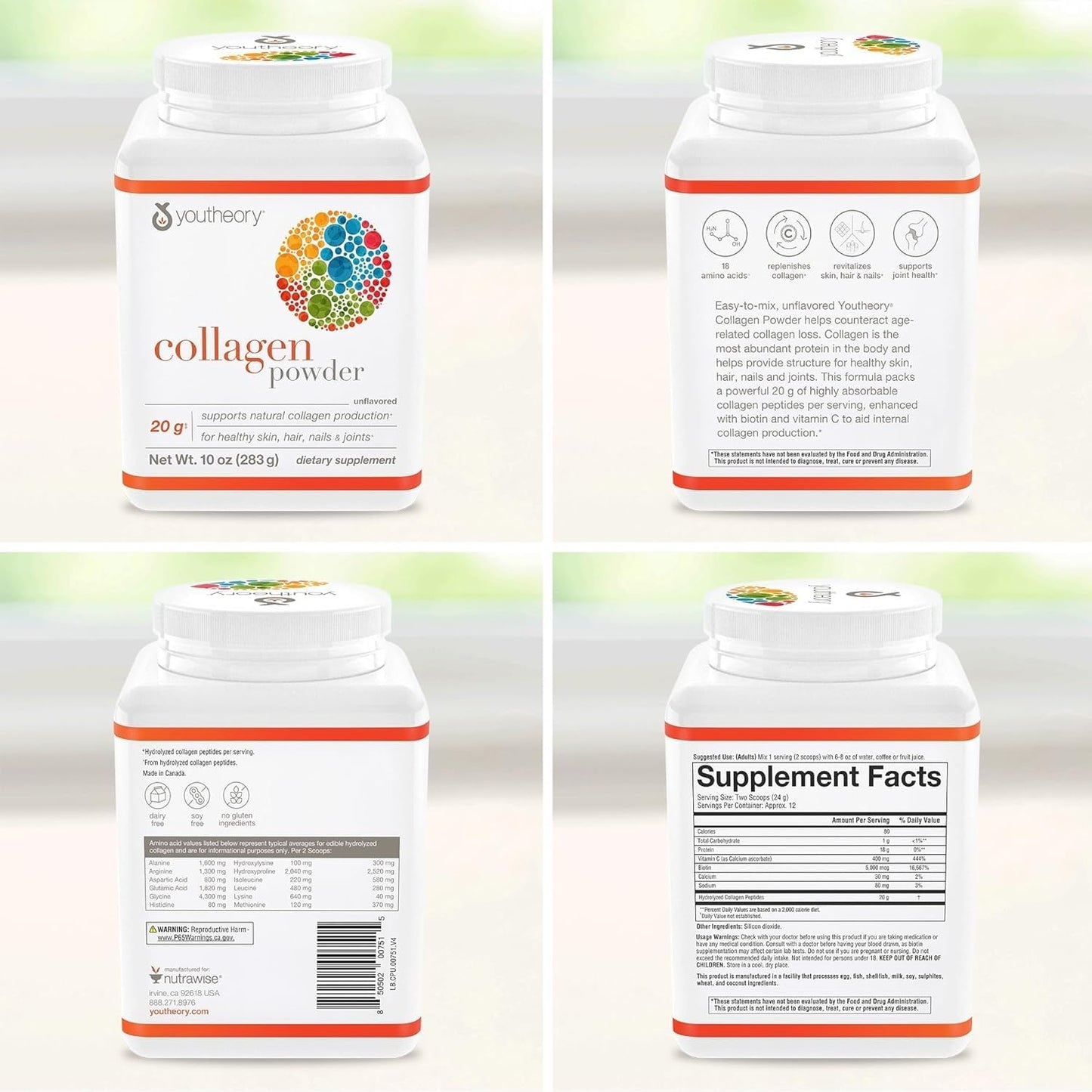 Youtheory Collagen Powder - Hydrolyzed Collagen Peptides with Vitamin C - Supports Healthy Bones, Joints & Immune System* - Unflavored - 10 oz (10-Day Supply) - Maple Wellness Supplements