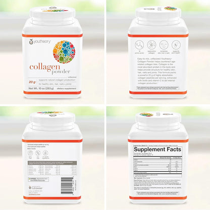 Youtheory Collagen Powder - Hydrolyzed Collagen Peptides with Vitamin C - Supports Healthy Bones, Joints & Immune System* - Unflavored - 10 oz (10-Day Supply) - Maple Wellness Supplements