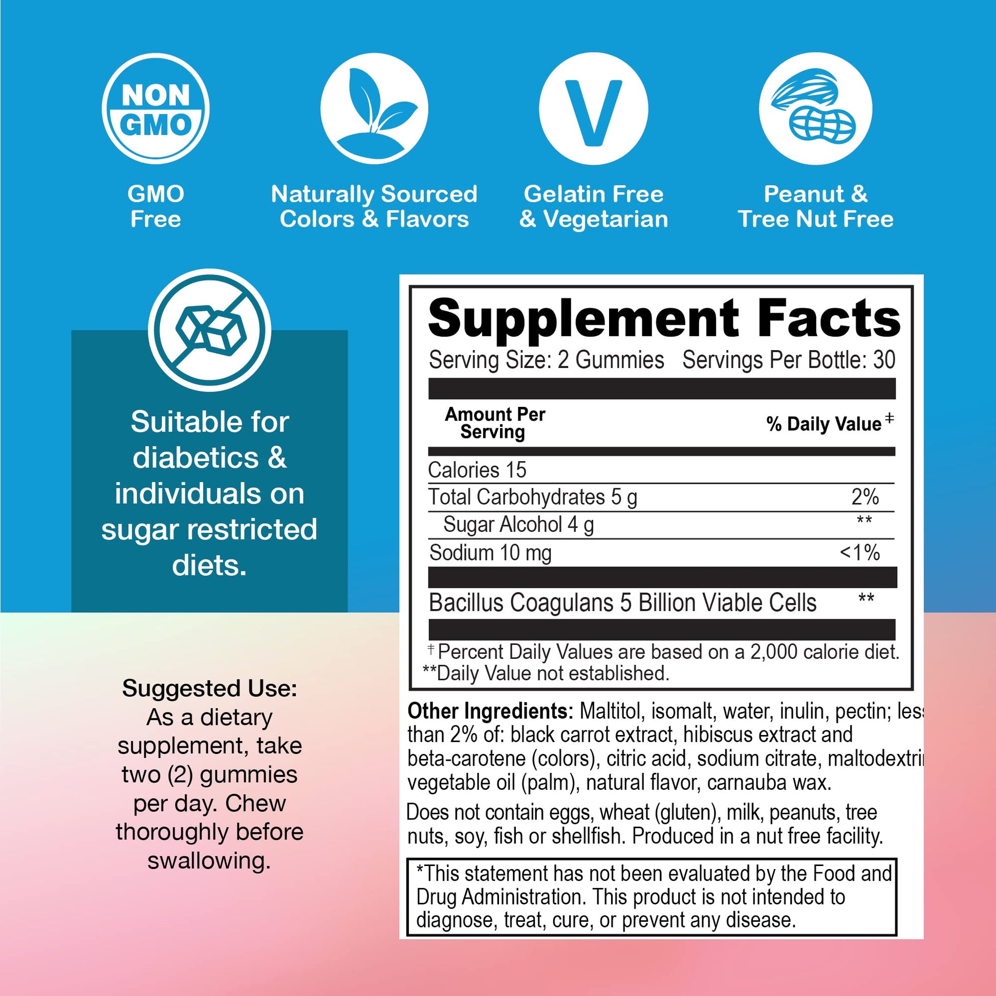 YUM-V'S Sugar Free Probiotic Gummies - Probiotics for Men & Women to Help Support Digestive Function – Adults & Kids Probiotic with 5 Billion CFU Bacillus Coagulans – Vegan & Gluten-Free (60 Count) - Maple Wellness Supplements