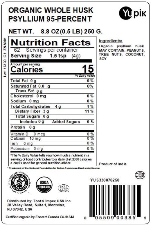 Yupik Organic Whole Husk Psyllium 8.8 Oz, 95% Purity, Soluble Fiber, USDA Certified, Non-GMO, Kosher, Gluten-Free, Sugar-Free & Fat-Free, Unflavored - Maple Wellness Supplements