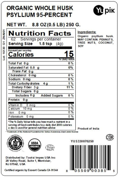 Yupik Organic Whole Husk Psyllium 8.8 Oz, 95% Purity, Soluble Fiber, USDA Certified, Non-GMO, Kosher, Gluten-Free, Sugar-Free & Fat-Free, Unflavored - Maple Wellness Supplements
