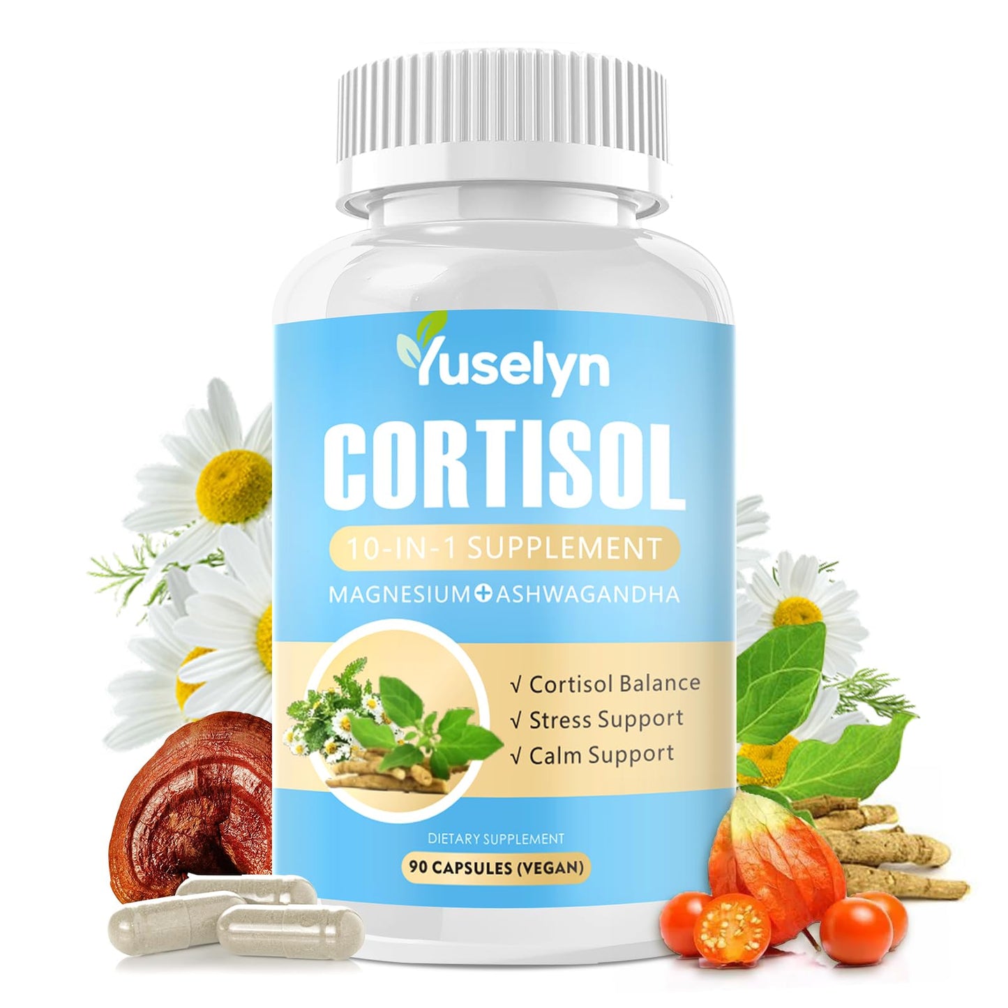 Yuselyn Cortisol Supplements for Women & Men, 10-in-1 Cortisol Detox Manager - High Cortisol Lowering Supplements with Magnesium, Ashwagandha & L-Theanine for Balanced Calm & Stress Relief - Maple Wellness Supplements