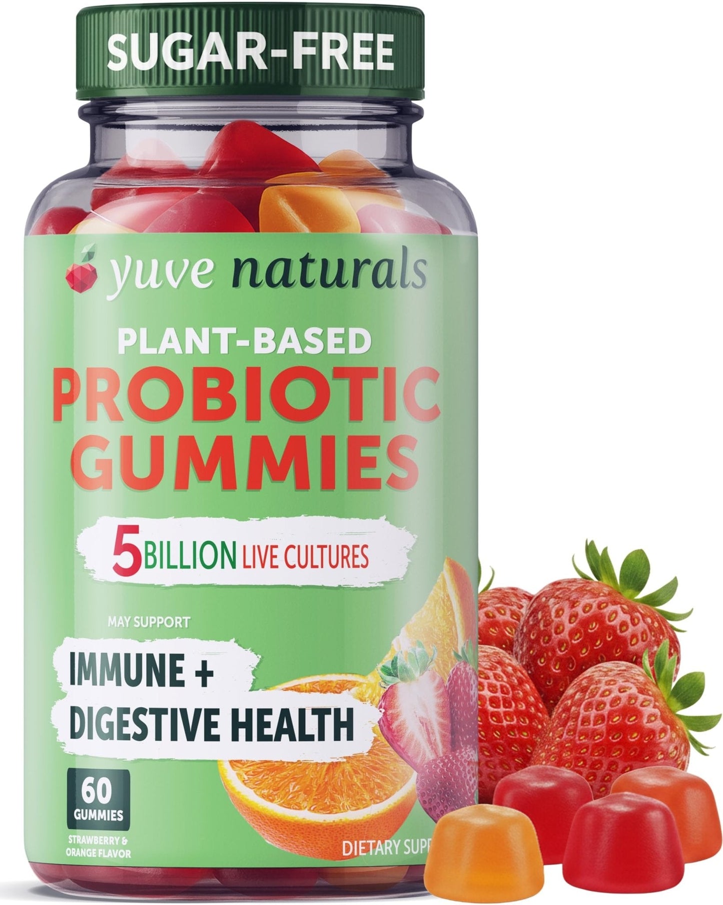 Yuve Natural Sugar Free Probiotic Gummies 5 Billion CFU, Helps with Constipation, Bloating & Leaky Gut - Vegan, Gluten-Free & Non-GMO - 60ct - Maple Wellness Supplements