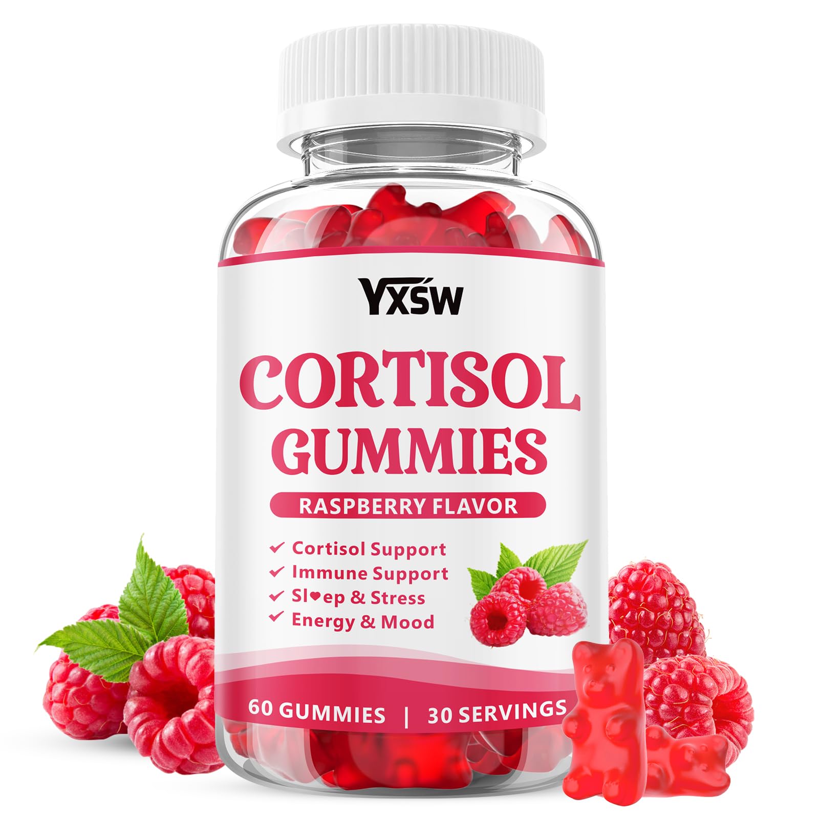 YXSW Cortisol Supplements Gummies for Women Sugar-Free Cortisol Gummies with Magnesium Glycinate Ashwagandha Rhodiola Rose for Relaxation, Focus, Zzz Support, Raspberry Flavor, 60 Count - Maple Wellness Supplements