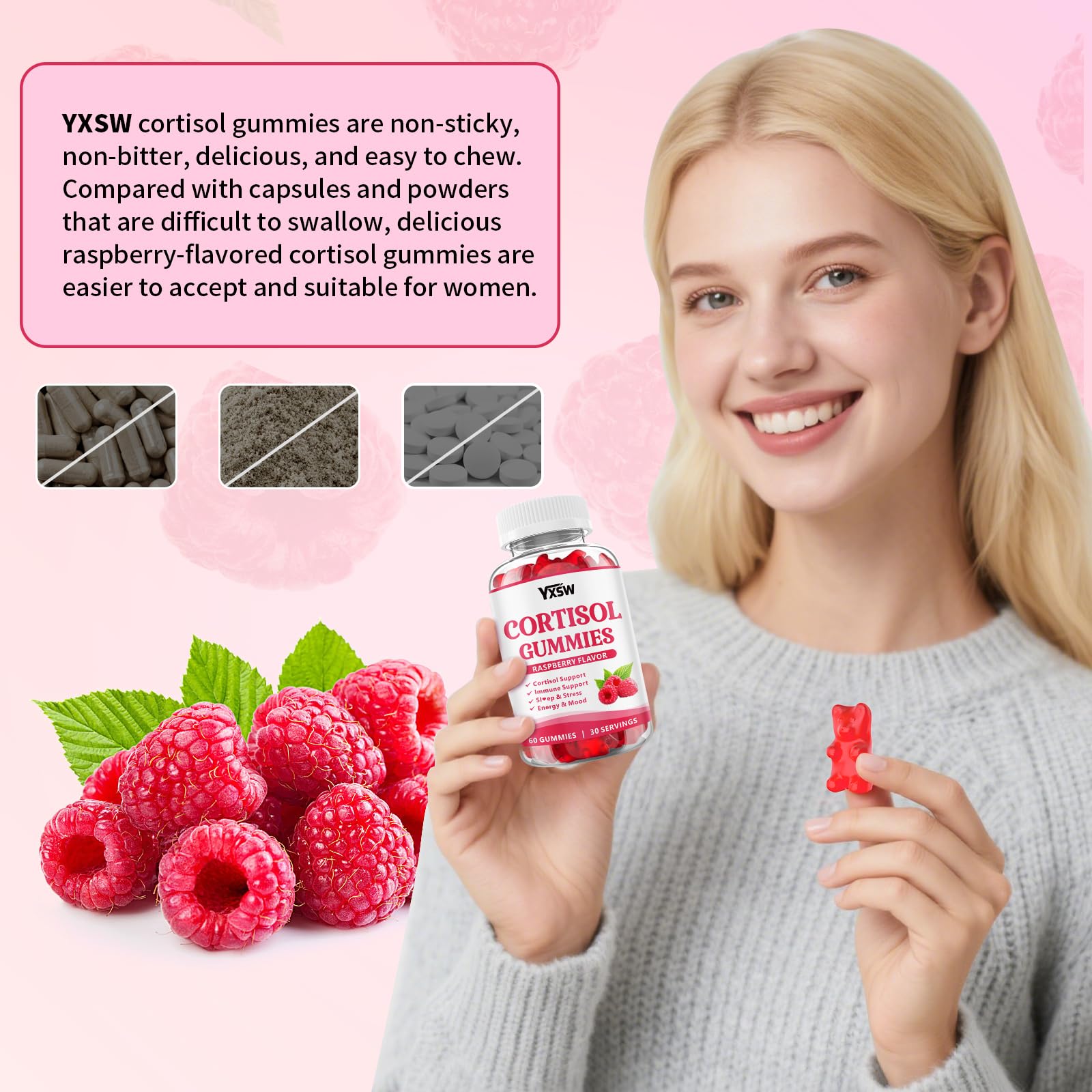 YXSW Cortisol Supplements Gummies for Women Sugar-Free Cortisol Gummies with Magnesium Glycinate Ashwagandha Rhodiola Rose for Relaxation, Focus, Zzz Support, Raspberry Flavor, 60 Count - Maple Wellness Supplements