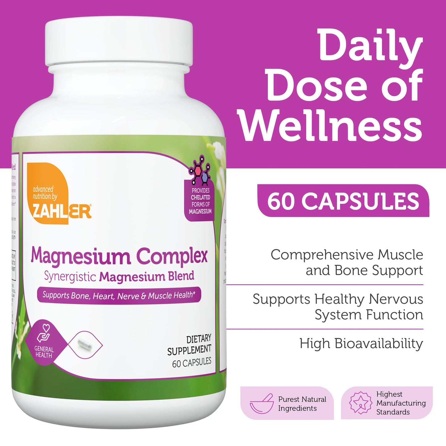Zahler Magnesium Complex Supplement - Multi Magnesium Supplement Blend with Magnesium Glycinate, Malate, Aspartate, Taurinate and Oxide Plus Vitamin B6 - Bone Nerve Heart & Muscle Health (60 Capsules) - Maple Wellness Supplements